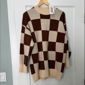 12th Tribe Brown and Cream Checkerboard Knit Sweater